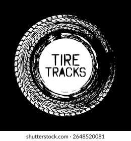 Grunge circle tire track, wheel braking mark. Truck, car or motorcycle tread pattern silhouettes. Auto race, motorsport, speed racing design element. Vector illustration
