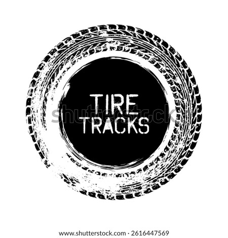 Grunge circle tire track, wheel braking mark. Truck, car or motorcycle tread pattern silhouettes. Auto race, motorsport, speed racing design element. Vector illustration