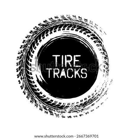 Grunge circle tire track, wheel braking mark. Truck, car or motorcycle tread pattern silhouettes. Auto race, motorsport, speed racing design element. Vector illustration