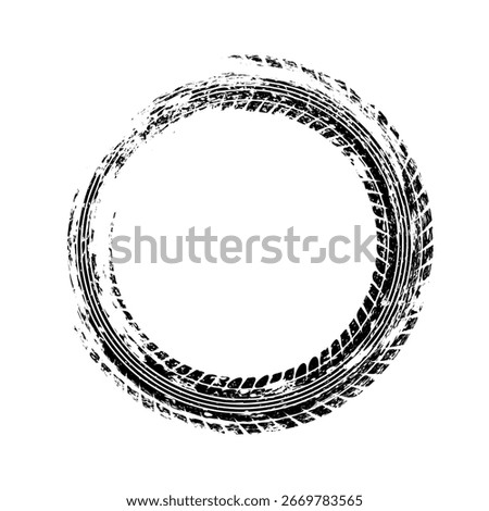 Grunge circle tire track, wheel braking mark. Truck, car or motorcycle tread pattern silhouettes. Auto race, motorsport, speed racing design element. Vector illustration