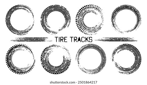 Grunge circle tire tracks, wheel braking marks. Truck, car or motorcycle tread pattern silhouettes. Auto race, motorsport, speed racing design element. Vector illustration