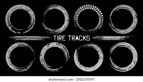 Grunge circle tire tracks, wheel braking marks. Truck, car or motorcycle tread pattern silhouettes. Auto race, motorsport, speed racing design element. Vector illustration