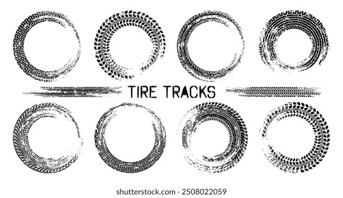 Grunge circle tire tracks, wheel braking marks. Truck, car or motorcycle tread pattern silhouettes. Auto race, motorsport, speed racing design element. Vector illustration