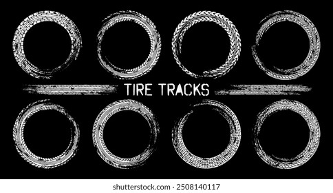 Grunge circle tire tracks, wheel braking marks. Truck, car or motorcycle tread pattern silhouettes. Auto race, motorsport, speed racing design element. Vector illustration