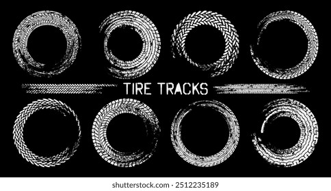 Grunge circle tire tracks, wheel braking marks. Truck, car or motorcycle tread pattern silhouettes. Auto race, motorsport, speed racing design element. Vector illustration