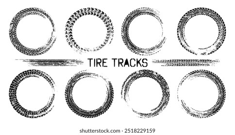 Grunge circle tire tracks, wheel braking marks. Truck, car or motorcycle tread pattern silhouettes. Auto race, motorsport, speed racing design element. Vector illustration