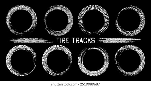 Grunge circle tire tracks, wheel braking marks. Truck, car or motorcycle tread pattern silhouettes. Auto race, motorsport, speed racing design element. Vector illustration