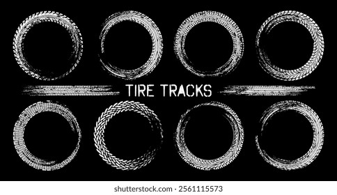 Grunge circle tire tracks, wheel braking marks. Truck, car or motorcycle tread pattern silhouettes. Auto race, motorsport, speed racing design element. Vector illustration