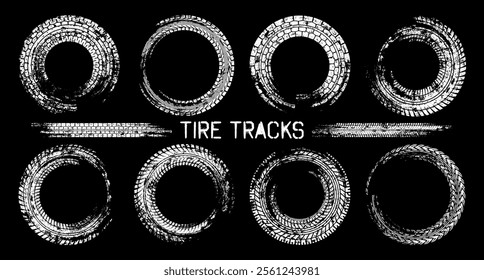 Grunge circle tire tracks, wheel braking marks. Truck, car or motorcycle tread pattern silhouettes. Auto race, motorsport, speed racing design element. Vector illustration