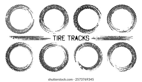 Grunge circle tire tracks, wheel braking marks. Truck, car or motorcycle tread pattern silhouettes. Auto race, motorsport, speed racing design element. Vector illustration