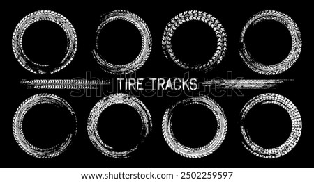 Grunge circle tire tracks, wheel braking marks. Truck, car or motorcycle tread pattern silhouettes. Auto race, motorsport, speed racing design element. Vector illustration