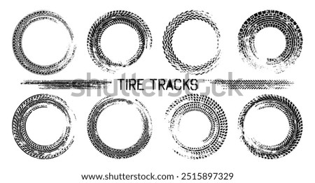 Grunge circle tire tracks, wheel braking marks. Truck, car or motorcycle tread pattern silhouettes. Auto race, motorsport, speed racing design element. Vector illustration