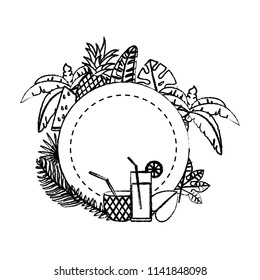 grunge circle with tropical fruits and branches plants