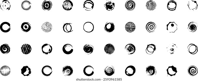 Grunge circle vector set, hand drawn rough circular brushstroke, abstract ink circle and round shape grungy texture
