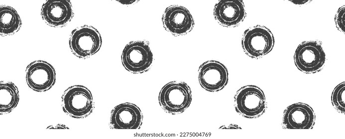 Los círculos gruesos abstraen un patrón sin fisuras. Manchas negras monocromáticas de randomo sobre fondo blanco, dibujado a mano de pincel. Anillos de cosecha. Puntos caóticos ornamento vectorial. Diseño para tela, textil, envoltura.