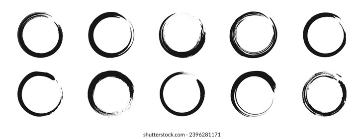 Grunge circles brush set. Black circle frames. Round line of black paint. Grunge round shapes. Circular ink brush stroke fro design elements. Vector illustration.