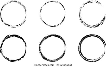 Grunge circles brush set. Black circle frames. Round line of black paint. Grunge round shapes. Circular ink brush stroke fro design elements. Vector illustration.