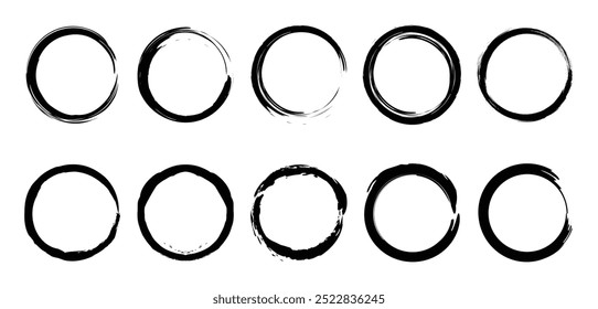 Conjunto de pincéis de círculos grunge. Quadros de círculo preto. Linha redonda de tinta preta. Formas redondas grunge. Traçado circular do pincel de tinta para elementos de design. Ilustração vetorial.
