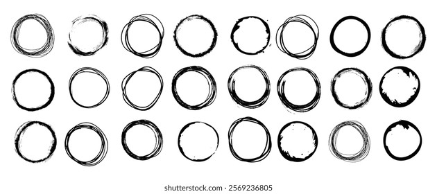 Grunge circles brush set. Black circle frames. Round line of black paint. Grunge round shapes. Circular ink brush stroke fro design elements. Vector illustration.