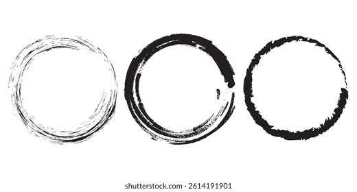 Grunge circles brush set. Black circle frames. Round line of black paint. Grunge round shapes. Circular ink brush stroke fro design elements. Vector illustration.