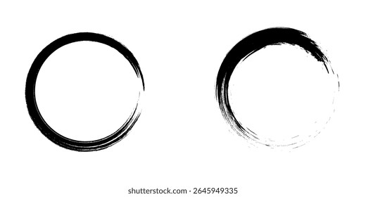 Conjunto de pincéis de círculos grunge. Quadros de círculo preto. Linha redonda de tinta preta. Formas redondas grunge. Traçado circular do pincel de tinta para elementos de design. Ilustração vetorial.