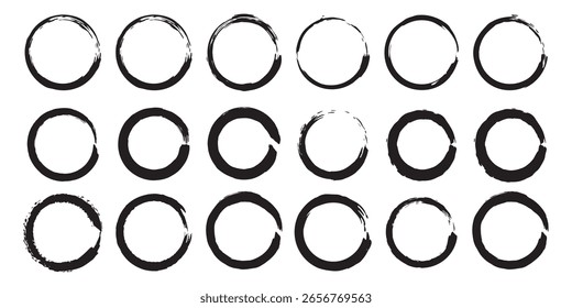 Grunge circles brush set. Black circle frames. Round line of black paint. Grunge round shapes. Circular ink brush stroke fro design elements. Vector illustration.