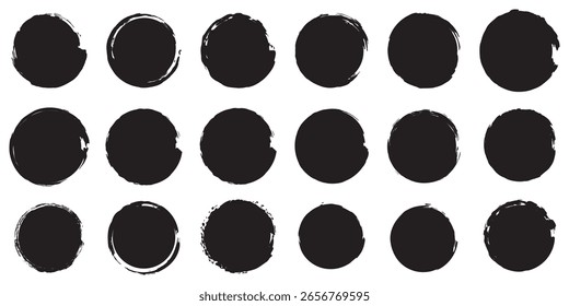 Conjunto de pinceles de círculos de Grunge. Marcos de círculo negro. Línea redonda de pintura negra. Grunge Formas redondas. Trazo de pincel de tinta circular para Elementos de diseño. Ilustración vectorial.