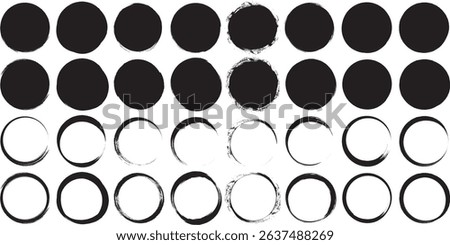 Grunge circles brush set. Black circle frames. Round line of black paint. Grunge round shapes. Circular ink brush stroke fro design elements- Stock Vector