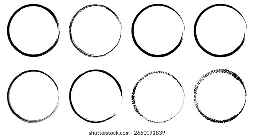 Conjunto de pinceles de círculos de Grunge. marcos de círculos. Línea redonda de pintura negra. Grunge Formas redondas. Pinceles de círculo Grunge. Pincel de Vector Stroke. 