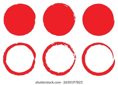 Grunge circles brush set. red circle frames. Round line of red paint. Grunge round shapes. Circular ink brush stroke for design elements.  Grunge round shapes. Grunge banner and paint brush stamps.