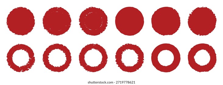 Conjunto de pinceles de círculos de Grunge. marcos de círculos rojos. Línea redonda de pintura roja. Grunge Formas redondas. Grunge Anuncio y sellos de pincel de pintura. Ilustración vectorial.