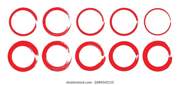 Conjunto de pinceles de círculos de Grunge. Conjunto de elementos dibujados a mano rojo de círculo de textura de trazo de pincel. Fondo de círculo rojo de trazo de textura. Estilo grunge de tinción Abstractas. Ilustración vectorial. eps 10