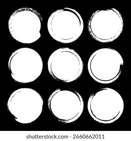 Grunge circles, brush strokes, lines, ink smudges, hand-drawn scribble shapes. Handmade sketchy marks, acrylic stains, charcoal streaks. Paint textures, dry brush effect. Vector illustration