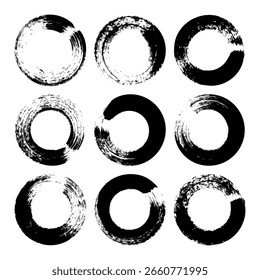 Grunge circles, brush strokes, lines, ink smudges, hand-drawn scribble shapes. Handmade sketchy marks, acrylic stains, charcoal streaks. Paint textures, dry brush effect. Vector illustration