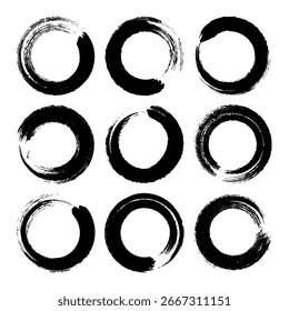 Círculos de grunge, traçados de pincel, linhas, borrões de tinta, rabiscos desenhados à mão. Marcas de esboço feitas à mão, manchas acrílicas, listras de carvão. Pinte texturas, efeito pincel seco. Ilustração vetorial