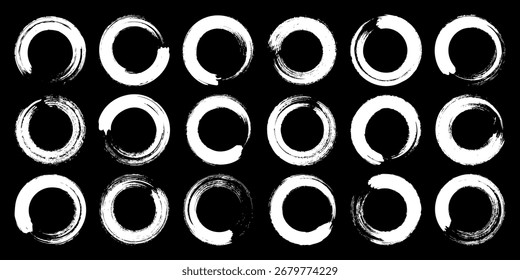 Círculos de grunge, pinceladas, líneas, manchas de tinta, Formas de garabatos dibujadas a mano. Marcas incompletas hechas a mano, manchas de acrílico, rayas de carbón. Texturas de pintura, efecto de pincel seco. Ilustración vectorial