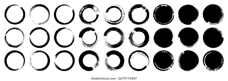 Grunge circles, brush strokes, lines, ink smudges, hand-drawn scribble shapes. Handmade sketchy marks, acrylic stains, charcoal streaks. Paint textures, dry brush effect. Vector illustration