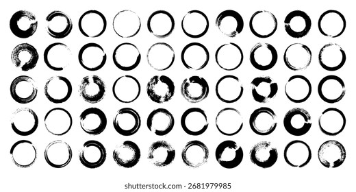 Círculos de grunge, pinceladas, líneas, manchas de tinta, Formas de garabatos dibujadas a mano. Marcas incompletas hechas a mano, manchas de acrílico, rayas de carbón. Texturas de pintura, efecto de pincel seco. Ilustración vectorial