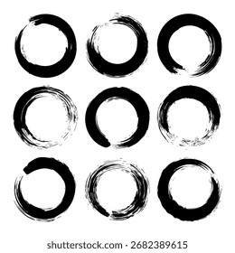 Grunge circles, brush strokes, lines, ink smudges, hand-drawn scribble shapes. Handmade sketchy marks, acrylic stains, charcoal streaks. Paint textures, dry brush effect. Vector illustration