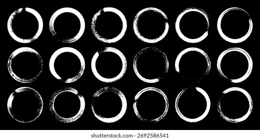 Círculos de grunge, pinceladas, líneas, manchas de tinta, Formas de garabatos dibujadas a mano. Marcas incompletas hechas a mano, manchas de acrílico, rayas de carbón. Texturas de pintura, efecto de pincel seco. Ilustración vectorial