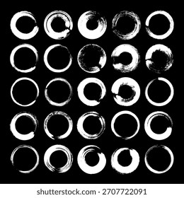 Círculos de grunge, pinceladas, líneas, manchas de tinta, Formas de garabatos dibujadas a mano. Marcas incompletas hechas a mano, manchas de acrílico, rayas de carbón. Texturas de pintura, efecto de pincel seco. Ilustración vectorial