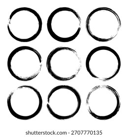 Grunge circles, brush strokes, lines, ink smudges, hand-drawn scribble shapes. Handmade sketchy marks, acrylic stains, charcoal streaks. Paint textures, dry brush effect. Vector illustration