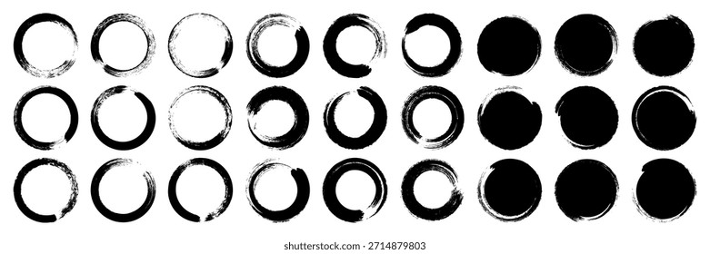 Grunge circles, brush strokes, lines, ink smudges, hand-drawn scribble shapes. Handmade sketchy marks, acrylic stains, charcoal streaks. Paint textures, dry brush effect. Vector illustration