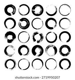 Círculos de grunge, pinceladas, líneas, manchas de tinta, Formas de garabatos dibujadas a mano. Marcas incompletas hechas a mano, manchas de acrílico, rayas de carbón. Texturas de pintura, efecto de pincel seco. Ilustración vectorial