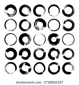 Círculos de grunge, traçados de pincel, linhas, borrões de tinta, rabiscos desenhados à mão. Marcas de esboço feitas à mão, manchas acrílicas, listras de carvão. Pinte texturas, efeito pincel seco. Ilustração vetorial