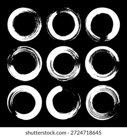 Grunge circles, brush strokes, lines, ink smudges, hand-drawn scribble shapes. Handmade sketchy marks, acrylic stains, charcoal streaks. Paint textures, dry brush effect. Vector illustration