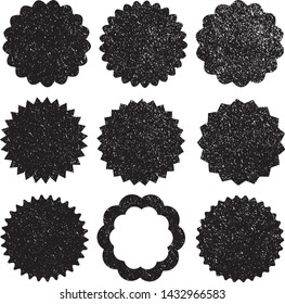 Grunge Circles Post Stamps Collection. Can be used as Round Banners, Insignias or Badges. Vector Distressed Textures Set. Blank Shapes. Vector Illustration. Black isolated on white. EPS10.