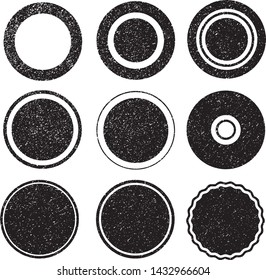 Grunge Circles Post Stamps Collection. Can be used as Round Banners, Insignias or Badges. Vector Distressed Textures Set. Blank Shapes. Vector Illustration. Black isolated on white. EPS10.