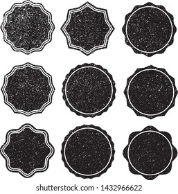 Grunge Circles Post Stamps Collection. Can be used as Round Banners, Insignias or Badges. Vector Distressed Textures Set. Blank Shapes. Vector Illustration. Black isolated on white. EPS10.