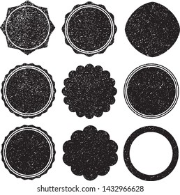 Grunge Circles Post Stamps Collection. Can be used as Round Banners, Insignias or Badges. Vector Distressed Textures Set. Blank Shapes. Vector Illustration. Black isolated on white. EPS10.